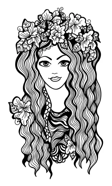 Beautiful black and white girl with flower crown drawing — Stock Vector