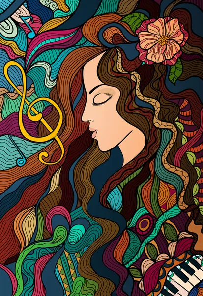 renkli kontrastı el çekilmiş kız ve melodi. vektör arka plan