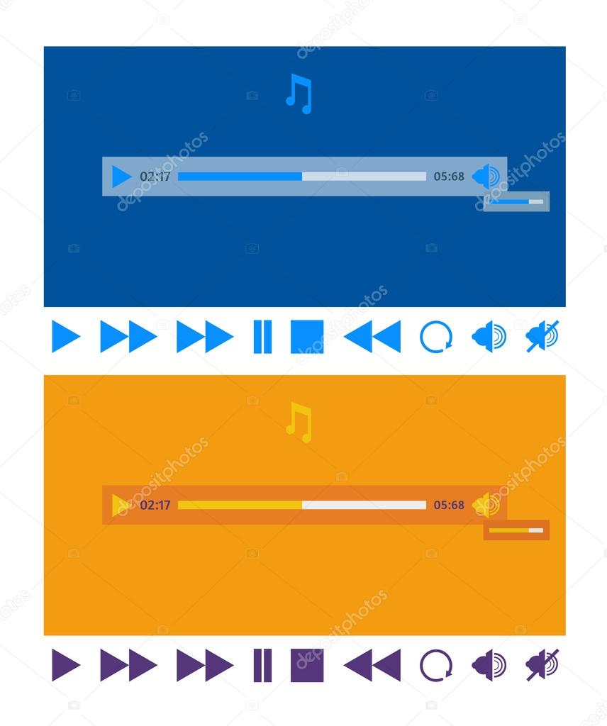 Stylized flat design music player application template and icons