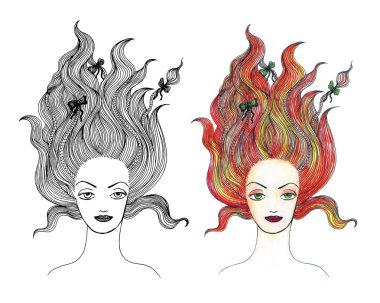 iki dizi el çekilmiş fantazi kadın Portreler