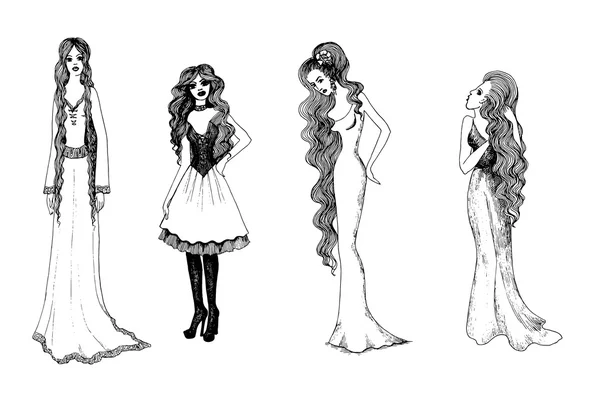 Conjunto de chicas de moda en blanco y negro. Bocetos vectoriales — Archivo Imágenes Vectoriales