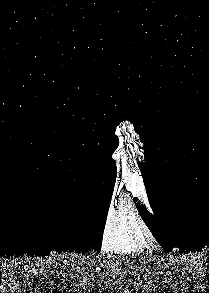 bir kız ve karahindiba alan vektör çizim.