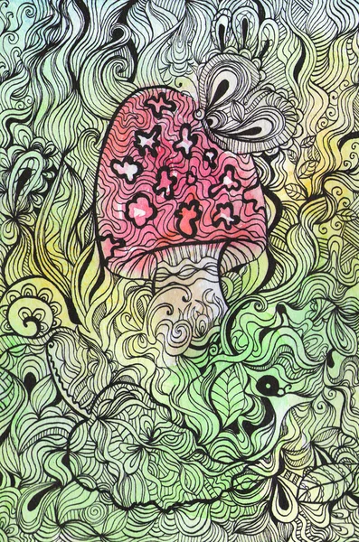 Doodle drawing of mushroom and butterfly.