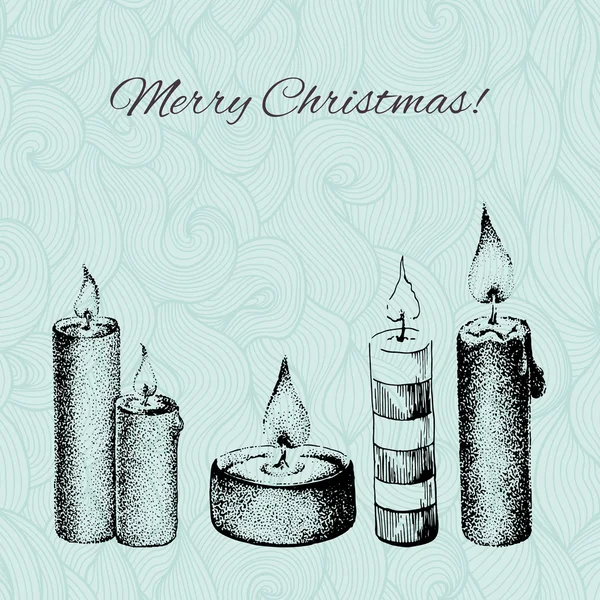 Vektor-Weihnachtskarte mit gepunkteten handgezeichneten Kerzen auf Muster — Stockvektor