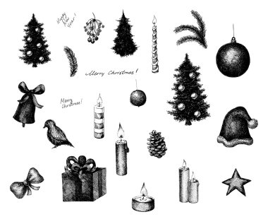 vektör mürekkep stili Noel öğeleri kümesi