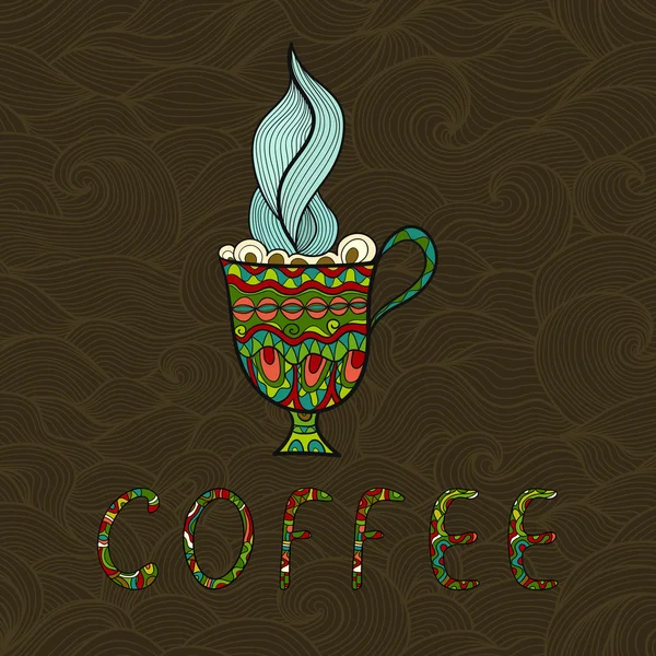 Doodle kaffekopp på mönstrad bakgrund. vektor illustration — Stock vektor