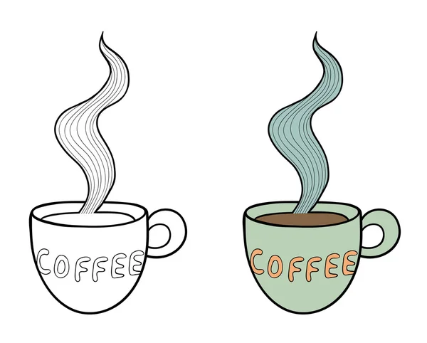 Conjunto de dos tazas de café de garabato vectorial, contorno y color tenue — Vector de stock