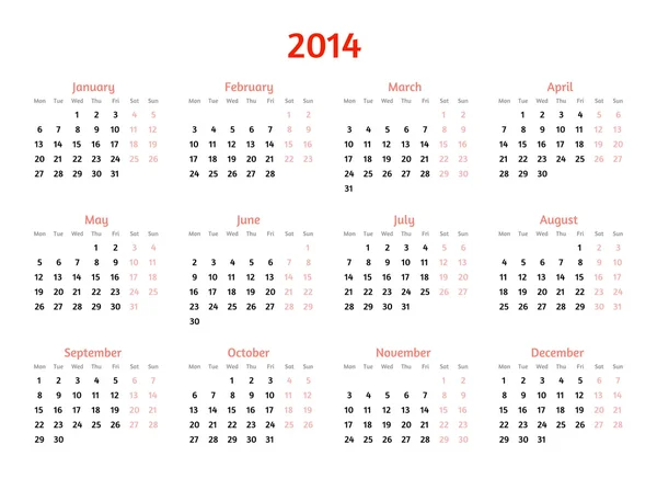 Jahresvektorkalender 2014. flaches Design — Stockvektor