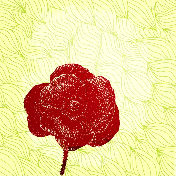与矢量卡手图案波浪背景上的绘制的罂粟 — 图库矢量图片