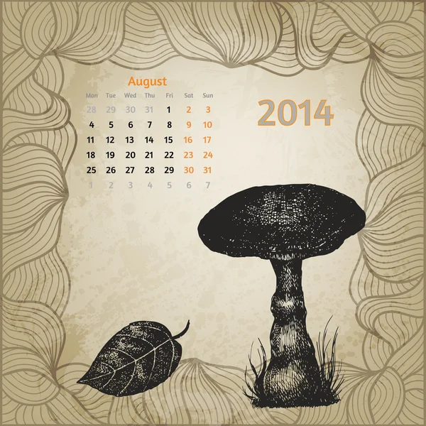 Calendário artístico com caneta de tinta desenhada à mão cogumelo para 20 de agosto — Vetor de Stock