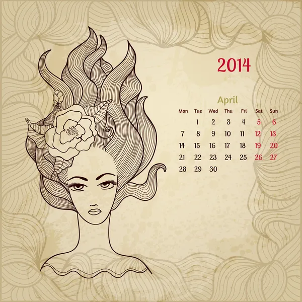 Artistic vintage calendar for April 2014. "Woman beauty" series. — Stock Vector