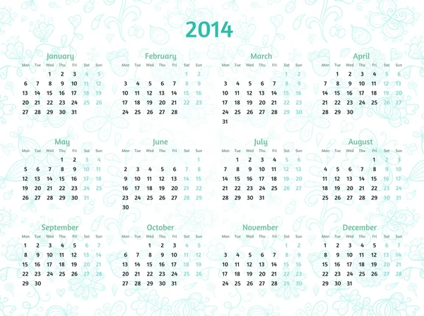 2014 års kalender på mönstrade floral bakgrund. kall grön en — Stock vektor