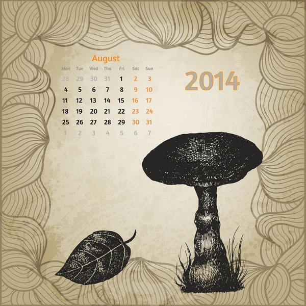 Calendrier artistique avec stylo encre champignon dessiné à la main pour Août 20 — Image vectorielle