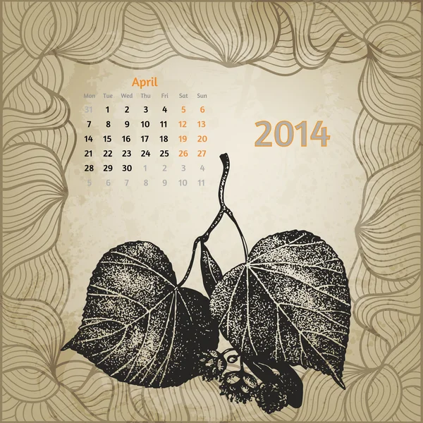 Artistic calendar with ink pen hand drawn lime tree leaves for A — Stock Vector