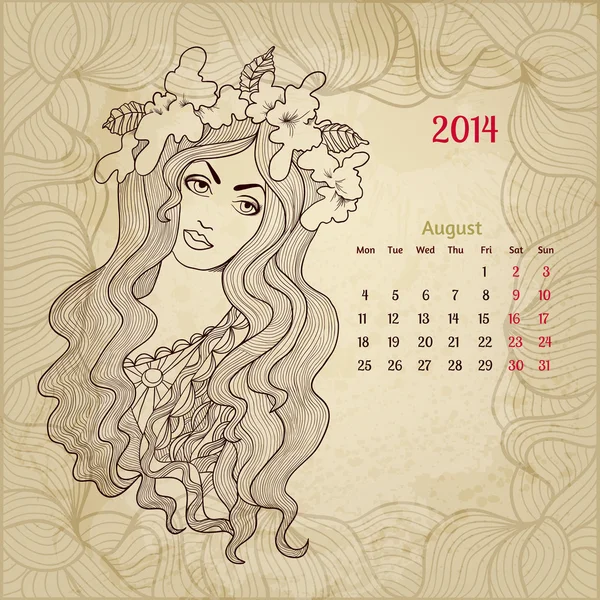 Artistic vintage calendar for August 2014. "Woman beauty" series — Stock Vector