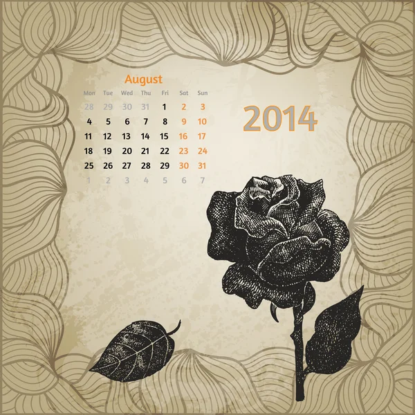 Artistic calendar with ink pen hand drawn rose for August 2014. — Stock Vector