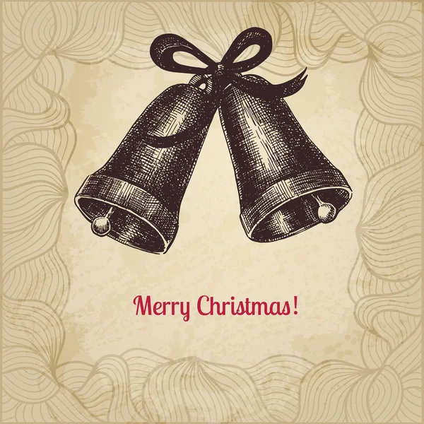 Tarjeta de Navidad vintage artística con campanas dibujadas a mano — Vector de stock