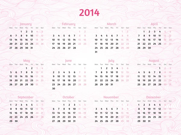 2014 Year calendar on patterned wavy background. Rosy delicate c — Stock Vector