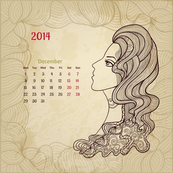 功妙なビンテージ カレンダー 2014 年 12 月。「女性の美」のセリ — ストックベクタ
