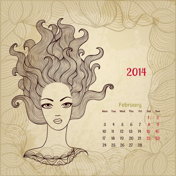 Artistic vintage calendar for February 2014. "Woman beauty" seri — Stock Vector