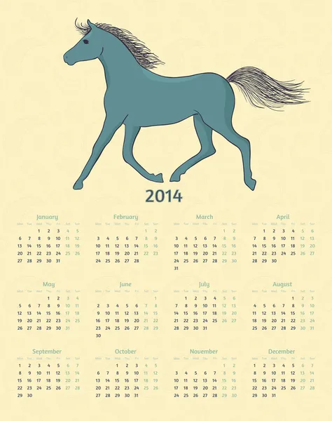 2014 Year vector calendar with artistic horse drawing — Stock Vector