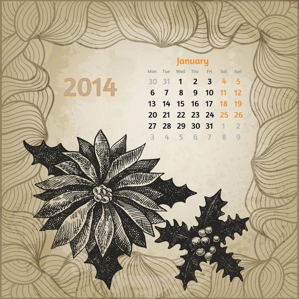 Calendario vintage artístico con pluma de tinta flor de cerezo dibujada a mano — Vector de stock