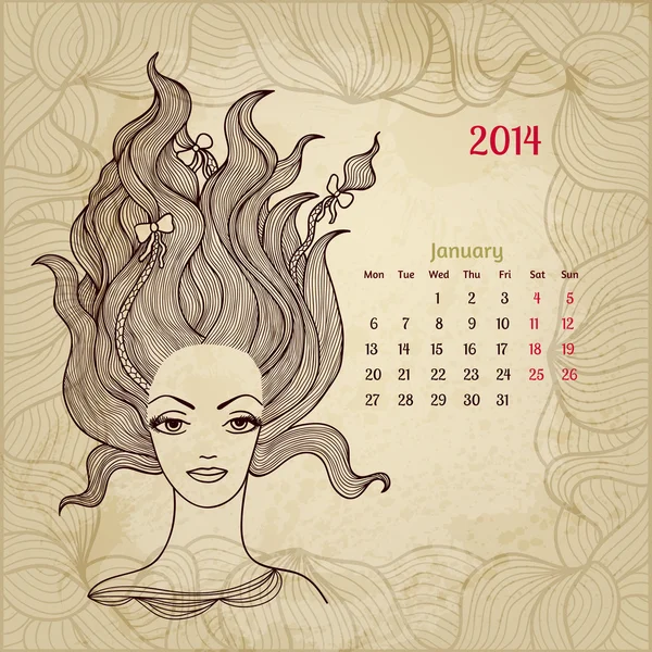 Artistic vintage calendar for January 2014. "Woman beauty" serie — Stock Vector