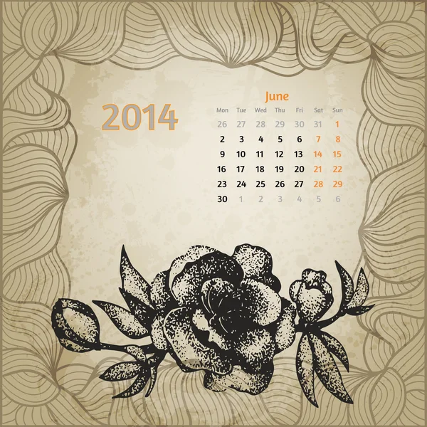 Calendario vintage artístico con pluma de tinta flor de cerezo dibujada a mano — Vector de stock