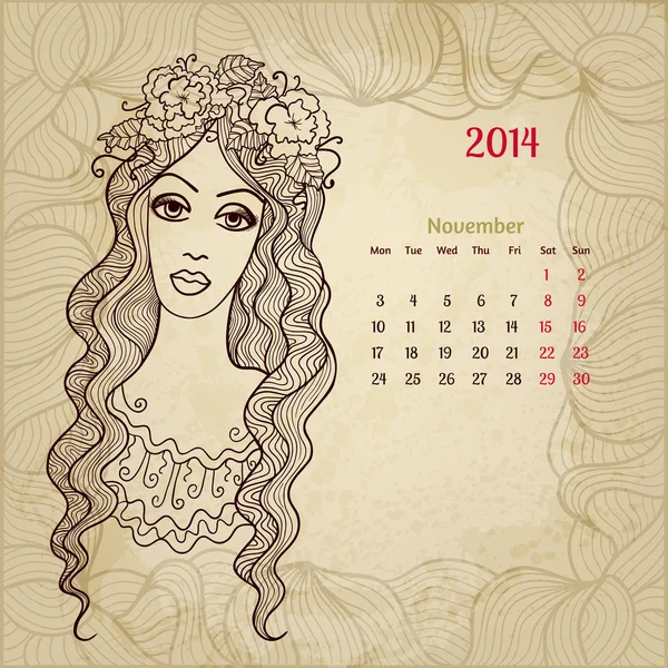 Artistic vintage calendar for November 2014. "Woman beauty" seri — Stock Vector