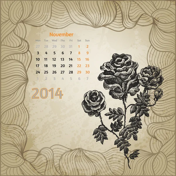 Artistic vintage calendar with ink pen hand drawn roses for Nove — Stock Vector