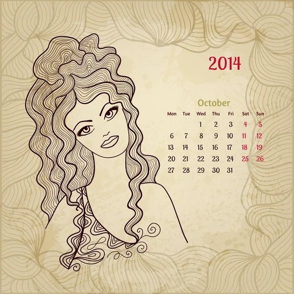 Calendrier vintage artistique pour octobre 2014. Série "Beauté femme" — Image vectorielle