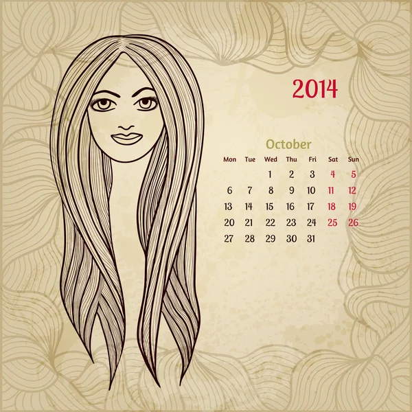 10 月 2014 年艺术老式的日历。"女性美"意甲 — 图库矢量图片
