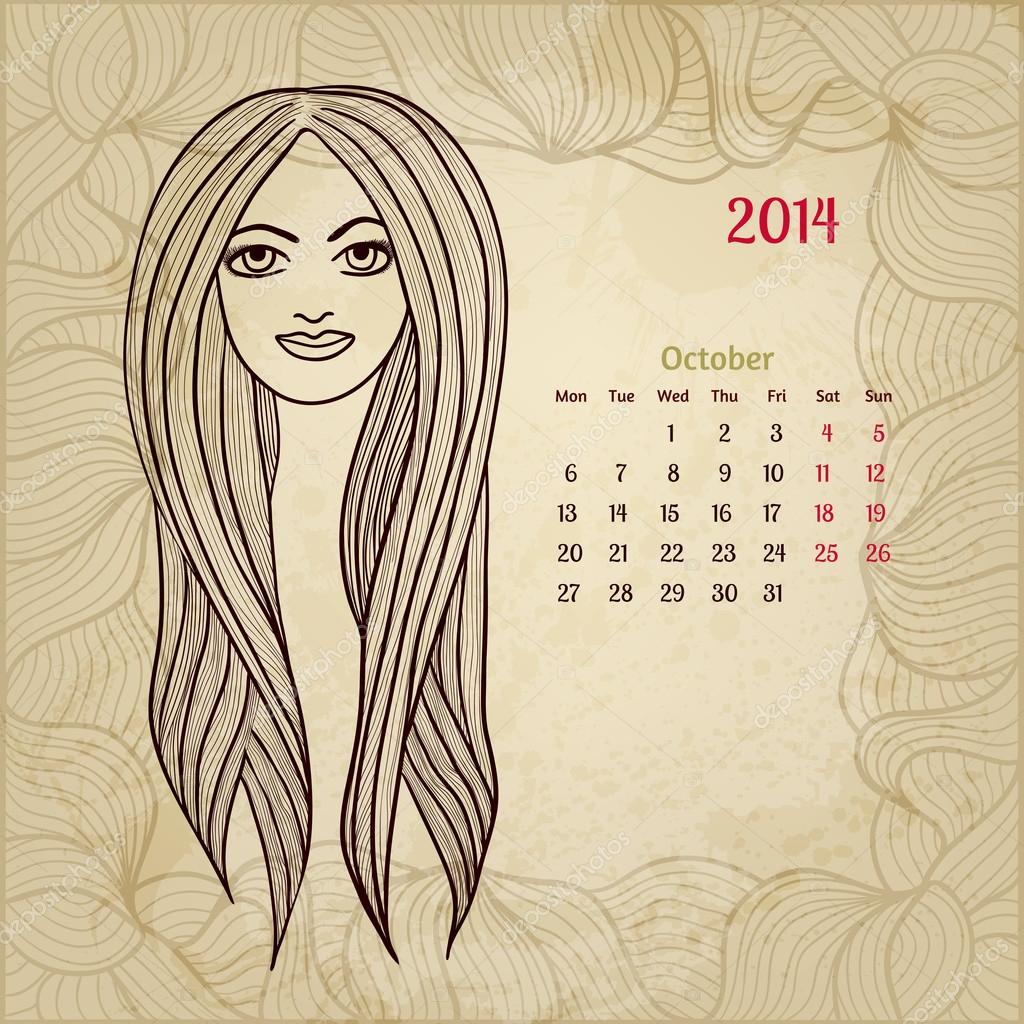 Artistic Vintage Calendar For October 14 Woman Beauty Serie Stock Vector Image By C Solveig