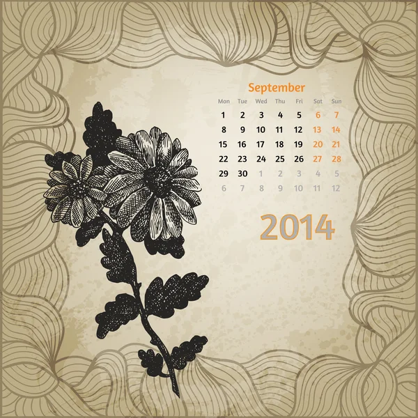 Calendario vintage artístico con pluma de tinta flores dibujadas a mano para Se — Vector de stock