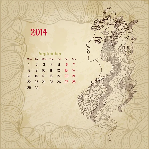 Artistic vintage calendar for September 2014. "Woman beauty" ser — Stock Vector