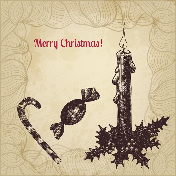 Sztuka wektor kartki świąteczne z ręcznie rysowane świeca, winterberr — Wektor stockowy