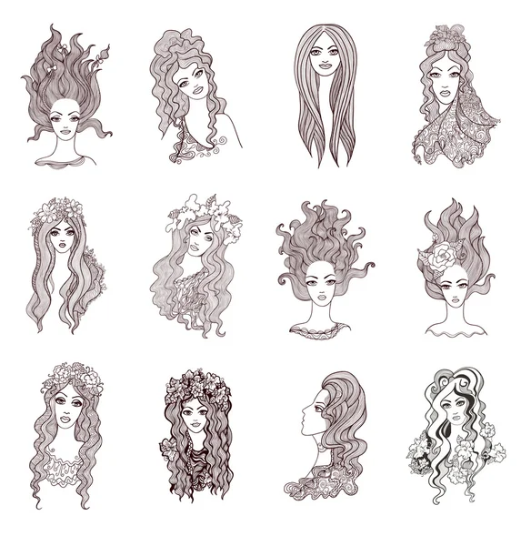 Collection of beautiful artistic girls. Doodle vector set. — Stock Vector