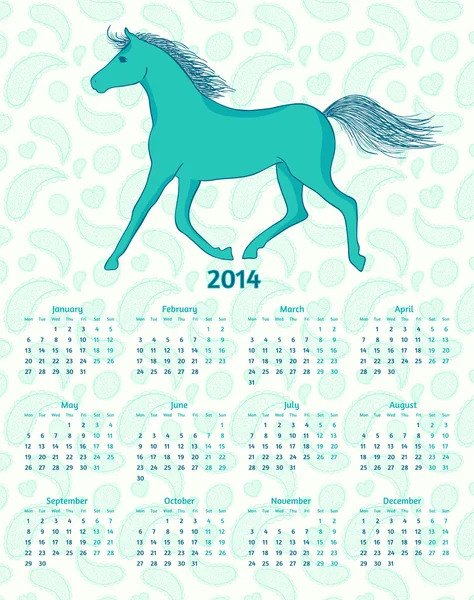 Calendrier vectoriel 2014 année avec un cheval bleu — Image vectorielle