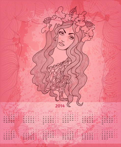 Calendrier vectoriel année 2014. Couleurs rose pastel — Image vectorielle