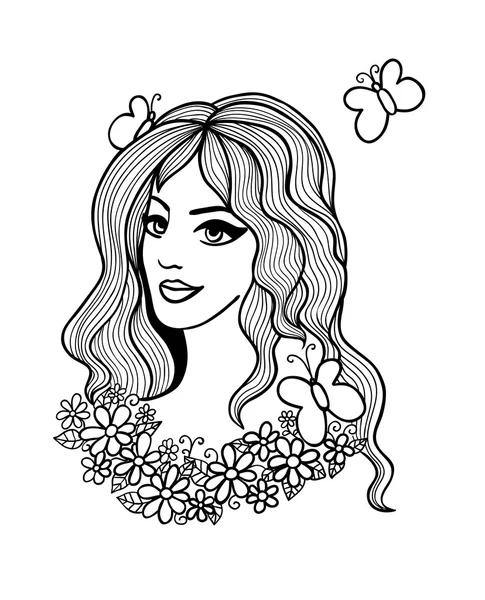 Ilustración de vectores blanco y negro. Hermosa chica con flores — Vector de stock