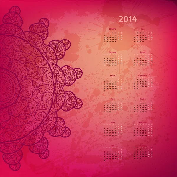 Цветной розовый векторный календарь 2014 года с кружевным орнаментом — стоковый вектор