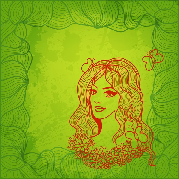 Девушка с цветами и бабочками. Художественная векторная иллюстрация — стоковый вектор