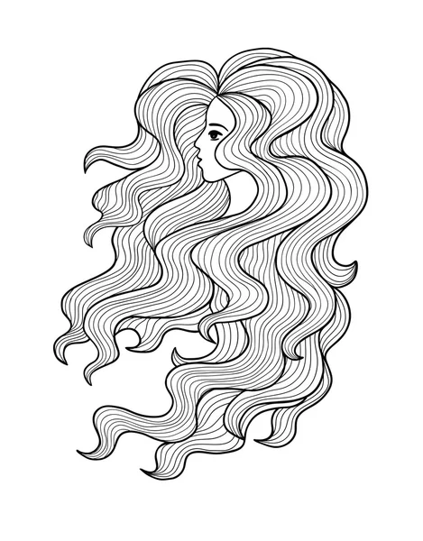uzun kıvırcık saçları siyah beyaz vektör kız.