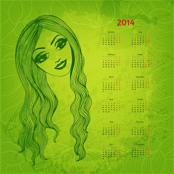 2014 Jahresvektorkalender mit handgezeichneten schönen langhaarigen — Stockvektor