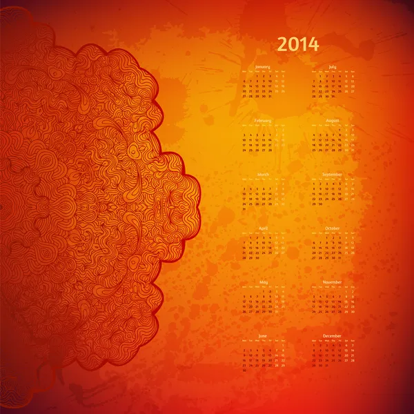 Calendrier vectoriel coloré rouge et jaune 2014 année avec lac rond — Image vectorielle