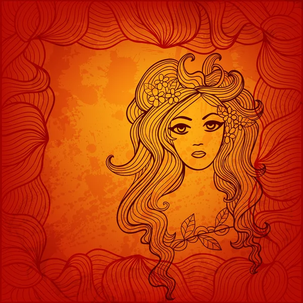 Όμορφη κοπέλα με λουλούδια στα μαλλιά. στυλιζαρισμένη διάνυσμα illustratio — Διανυσματικό Αρχείο