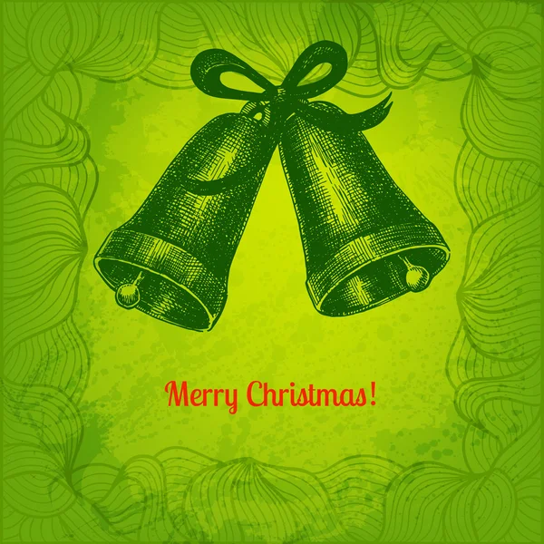 カラフルなベクトルのメリー クリスマス カード 2 つの手と描画の鐘 — ストックベクタ