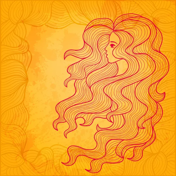 長い巻き毛を持つ美しい女の子。装飾的なベクトルの背景 — ストックベクタ