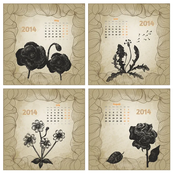 Styl Vintage 2014 rok wektor kalendarza. ręcznie rysowane tuszem kwiaty. — Wektor stockowy