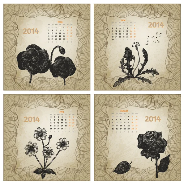 Vintage style 2014 year vector calendar. Hand drawn ink flowers. — Stock Vector